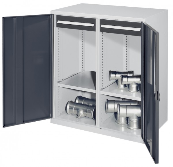 Schwerlast-Beistellschrank Modell 73 1110 x 1000 x 600 mm RAL 7035/7016. Mit Mitteltrennwand Vollblechtüren 1 Fachboden links 1 Fachboden rechts 2 Schubladen 100 mm.