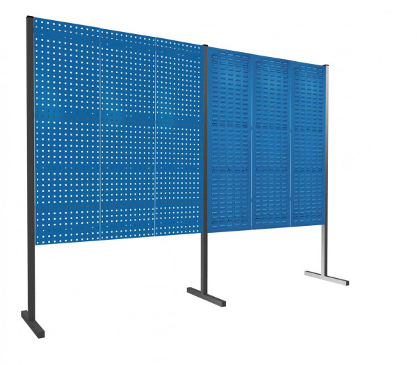 ®RasterPlan Trennwand Doppelfeld 180° 1500 / 1500 mm H1500 mm RAL 5010. Mit 3 ®RasterPlan Lochplatten 3 ®RasterPlan Schlitzplatten.