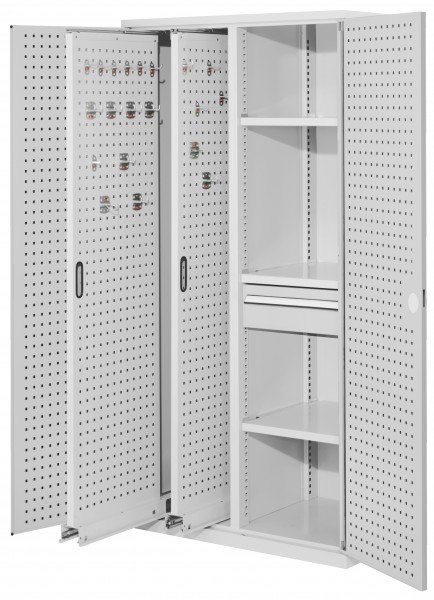 ®RasterPlan Vertikalschrank Modell 82 1950 x 1000 x 600 mm RAL 7035. Türinnenseite: ®RasterPlan Lochplatten 2 Auszüge Lochplatten 3 Fachböden 1 Schubladen 175 mm.