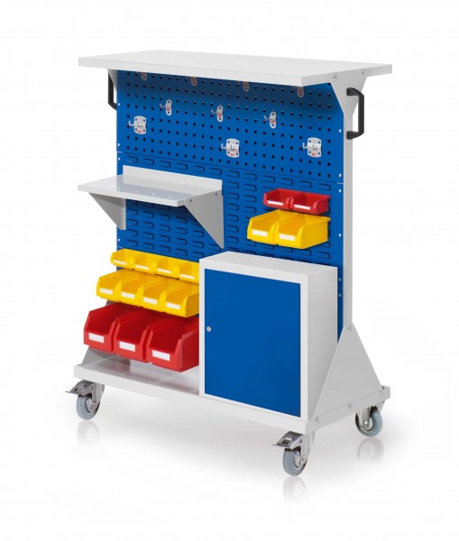 RasterMobil Gr. 3 RAL 7035/5010 H1270 x B1000 x T500 mm. 1 x Ablageboden aus Stahlblech 1 x Werkzeughaltersortiment 10-teilig 1 x Stahlboden 450 mm 1 x Einhängeschrank 3 x Lagersichtkästen Größe 6 6 x Lagersichtkästen Größe 7 6 x Lagersichtkästen G