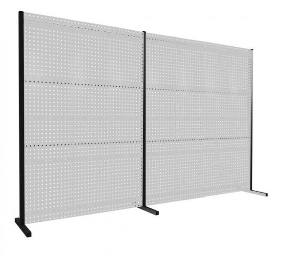 ®RasterPlan Trennwand Doppelfeld 180° L1500 / 2000 mm H2000 mm RAL 7035. Mit 7 ®RasterPlan Lochplatten.