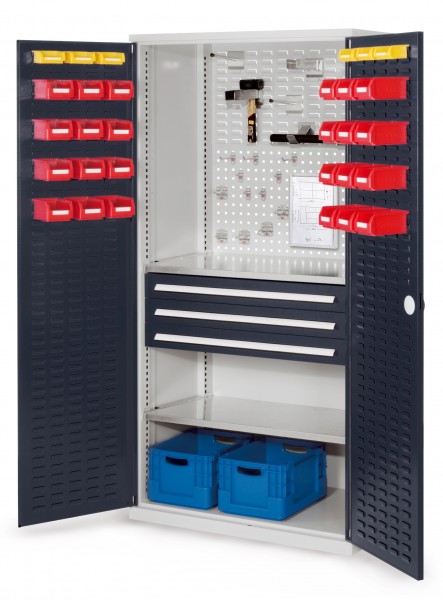 ®RasterPlan Schubladenschrank Modell 22 RAL 7035/7016. Türinnenseite: Schlitzplatten 1950 x 1000 x 600 mm 3 Schubladen H 100 mm 2 Fachböden verzinkt.