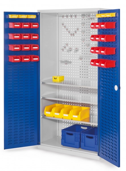 ®RasterPlan Werkzeugschrank Mod 6 500 H1950 x B1000 x T500 mm RAL 7035/5010. Türinnenseite: ®RasterPlan Schlitzplatte 3 Fachböden.