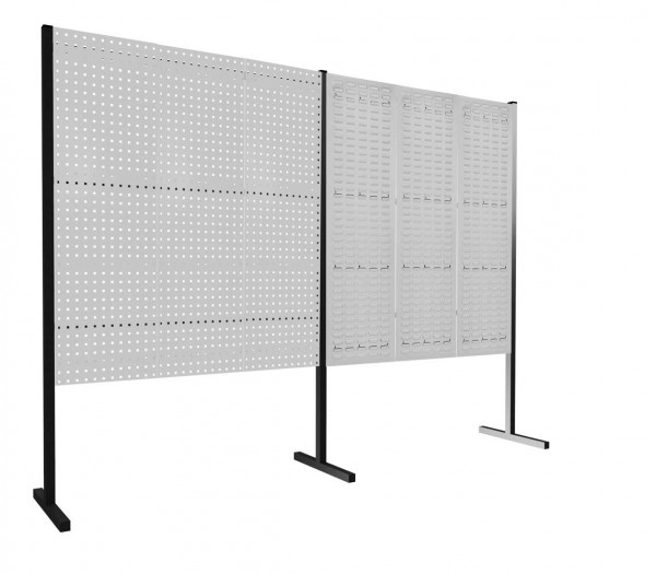 ®RasterPlan Trennwand Doppelfeld 180° 1500 / 1500 mm H1500 mm RAL 7035. Mit 3 ®RasterPlan Lochplatten 3 ®RasterPlan Schlitzplatten.