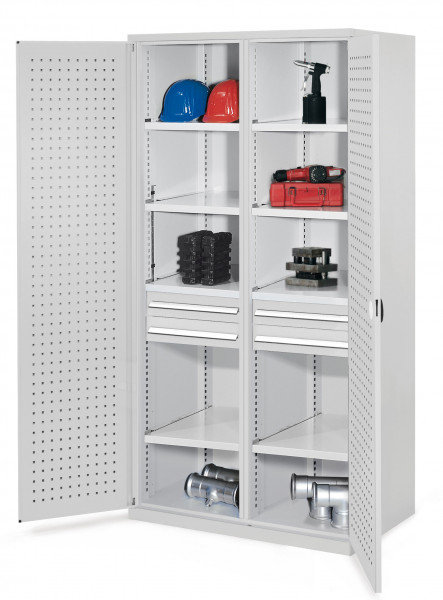 Schwerlastschrank mit Mitteltrennwand 1950 x 1000 x 600 mm Mod 56 RAL 7035. Türinnenseite: ®RasterPlan Lochplatte 2 Schubladen H 100 mm 4 Fachböden links verzinkt 4 Fachböden rechts verzinkt.