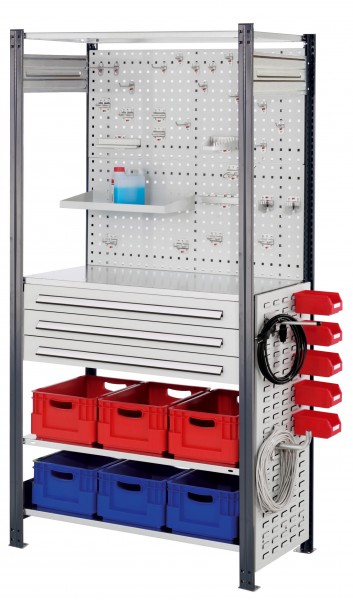 ®RasterPlan Steckregal Grundfeld 7016 Modell 8 2000 x 1000 x 500 mm. Grundfeld mit 4 x Fachboden 500 mm 2 x Rückwand Lochplatten B 1000 mm 1 x Seitenwand Schlitzplatte H 1000 mm 1 x Schubladenblock dreifach1 x Werkzeughaltersort. 28-teilig 1 x Univers
