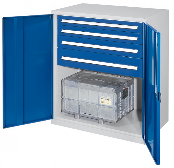Schwerlast-Beistellschrank Modell 62 1110 x 1000 x 600 mm RAL 7035/5010. Vollblechtüre 2 Schubladen H 100 mm 1 Schublade H 125 mm 1 Schublade H 175 mm.
