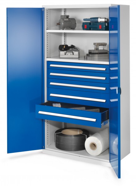 Schwerlastschrank ohne Mitteltrennwand 1950 x 1000 x 600 mm Mod 44 RAL 7035/5010. Doppelwandtür 2 Fachboden verzinkt. 1 Schubladen H100 mm 2 Schubladen H125mm 2 Schubladen H175 mm.