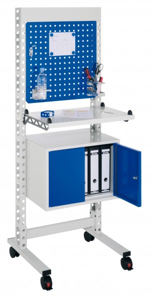 ErgoPlus Steharbeitsplatz RAL 7035 /5010 H1770 x B 670 mm. Modell 3 inklusiv 1 Ordnerschrank 400 x B 570 x T 400 mm ausgestattet mit 4 Lenkrollen davon 2 mit Feststeller.