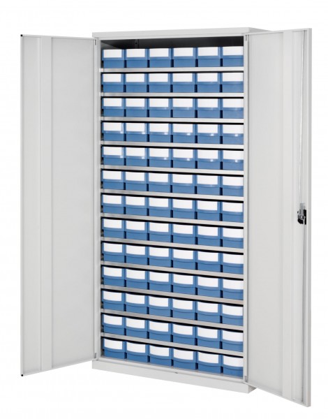 Systemschrank mit Volumenregalkasten H 1950 x B 1000 x T 500 mm RAL 7035. Modell 2 78 x Modell 4105 taubenblau.