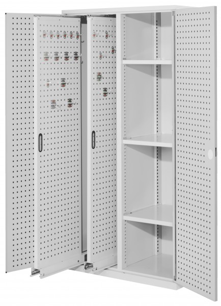 ®RasterPlan Vertikalschrank Modell 80 1950 x 1000 x 600 mm RAL 7035. Türinnenseite: ®RasterPlan Lochplatten 2 Auszüge Lochplatten 3 Böden