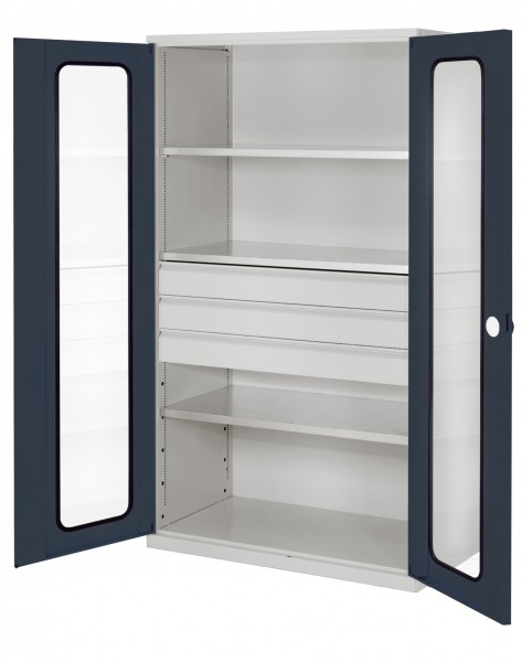®RasterPlan Großvolumenschrank 1950 x 1130 x 590 mm RAL 7035/7016. Sichtfenstertür 3 Böden 3 Schubladen.