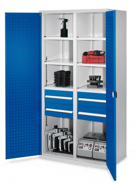 Schwerlastschrank mit Mitteltrennwand 1950 x 1000 x 600 mm Mod 52 RAL7035/5010. Türinnenseite: ®RasterPlan Lochplatten 4 Schubladen H 175 mm 3 Fachboden links verzinkt 3 Fachboden rechts verzinkt.