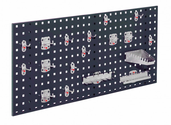 ®RasterPlan Einsteigerset 6 1 x ®RasterPlan Lochplatte RAL 7016 - Anthrazitgrau Breite 1000 mm x Höhe 450 mm 1 x ®RasterPlan Werkzeughalter-Sortiment 18-teilig