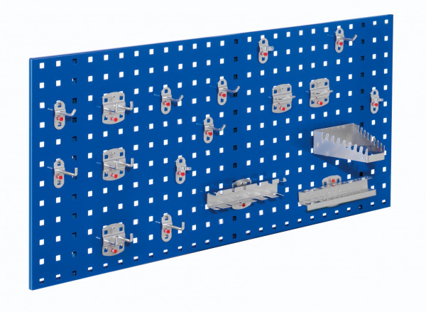 ®RasterPlan Einsteigerset 6 1 x ®RasterPlan Lochplatte RAL 5010 - Enzianblau Breite 1000 mm x Höhe 450 mm 1 x ®RasterPlan Werkzeughalter-Sortiment 18-teilig