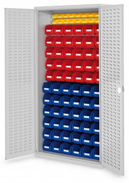 ®RasterPlan Schlitzplattenschrank H1950 x B 1000 x T 410 mm RAL 7035 Modell 58 Schlitzplattentüren bestückt mit Lagersichtkasten 36 x Größe 5 30 x Größe 6 16 x Größe 8.