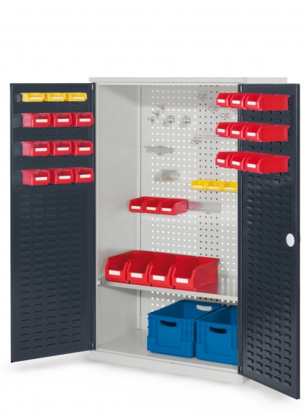 RasterPlan Werkzeugschrank Mod. 3 500, H1600 x B1000 x T500 mm, RAL 7035/7016. Türinnenseite: RasterPlan Schlitzplatte, 1 Fachboden.