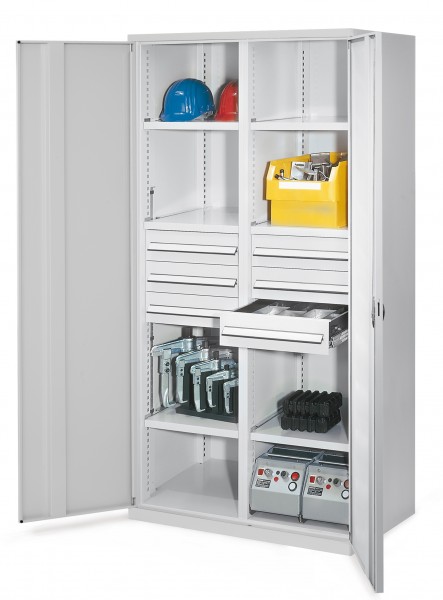 Schwerlastschrank mit Mitteltrennwand 1950 x 1000 x 600 mm Mod 53 RAL 7035. Vollblechtür 6 Schubladen H 125 mm 3 Fachboden links verzinkt 3 Fachboden rechts verzinkt.