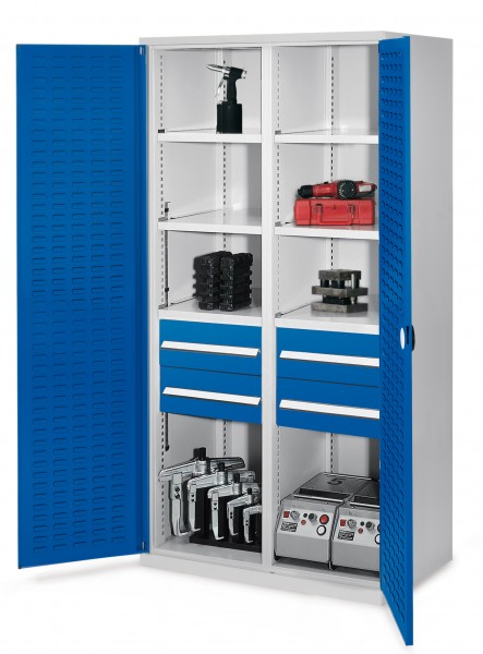 Schwerlastschrank mit Mitteltrennwand 1950 x 1000 x 600 mm Mod 52 RAL7035/5010. Türinnenseite: ®RasterPlan Schlitzplatten 4 Schubladen H 175 mm 3 Fachboden links verzinkt 3 Fachboden rechts verzinkt.