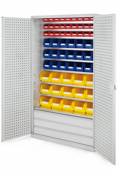 Großraumschrank Modell 20 RAL 7035 1950 x 1130 x 590 mm. Türinnenseite: ®RasterPlan Lochplatten 3 Schubladen unten inklusiv Lagersichtkasten 15 x Größe 4 21 x Größe 6 30 x Größe 7.
