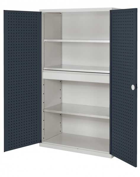 ®RasterPlan Großvolumenschrank 1950 x 1130 x 590 mm RAL 7035/7016. Türinnenseite: ®RasterPlan Lochplatten 1 Schublade 3 Böden.