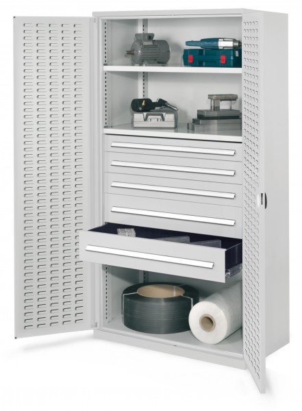 Schwerlastschrank ohne Mitteltrennwand 1950 x 1000 x 600 mm Mod 44 RAL 7035. Türinnenseite: ®RasterPlan Schlitzplatten- 2 Fachböden verzinkt. 1 Schublade 100 mm 2 Schubladen 125 mm 2 Schubladen 175 mm.
