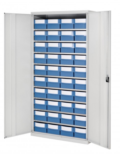 Systemschrank mit Volumenregalkasten H 1950 x B 1000 x T 500 mm RAL 7035. Modell 3 40 x Modell 4145 taubenblau.