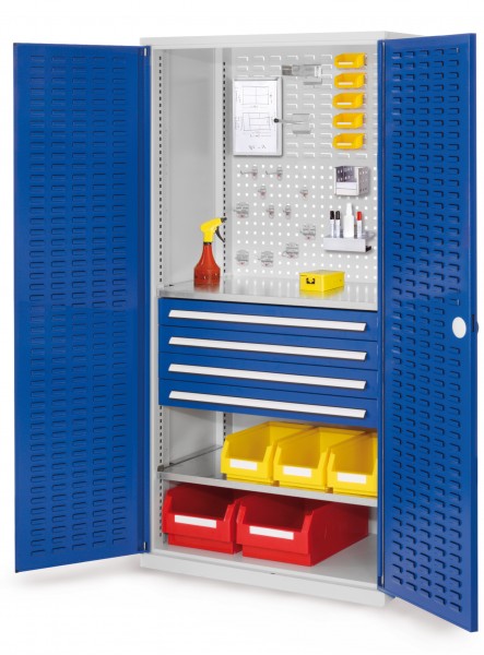 ®RasterPlan Schubladenschrank Modell 23 RAL 7035/5010. Türinnenseite: Schlitzplatten 1950 x 1000 x 600 mm 4 Schubladen H 100 mm 2 Fachböden verzinkt.