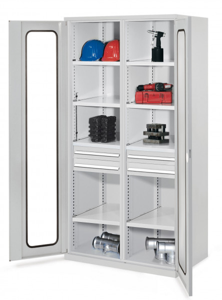Schwerlastschrank mit Mitteltrennwand 1950 x 1000 x 600 mm Mod 56 RAL 7035. Sichtfenstertür 2 Schubladen H 100 mm 4 Fachböden links verzinkt 4 Fachböden rechts verzinkt.