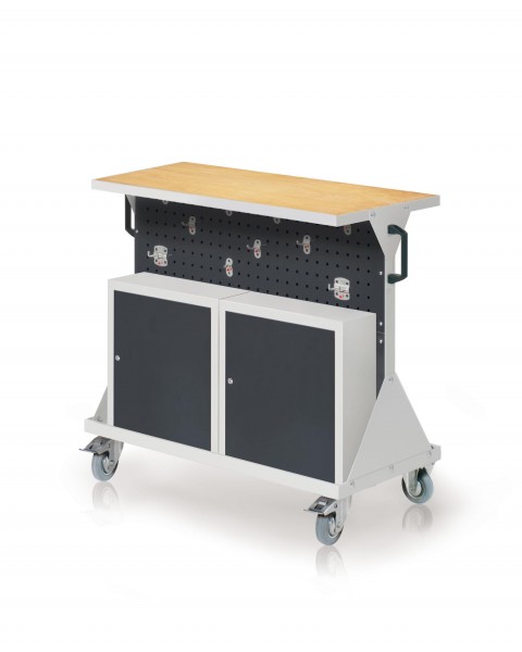 RasterMobil Gr. 2 RAL 7035/7016 H 930 x B 1000 x T 500 mm. 1 x Auflageboden aus Stahlblech inkl. 30 mm starker Multiplex-Werkbankplatte 1 x Werkzeughaltersort. 10-teilig 2 x Einhängeschränke.