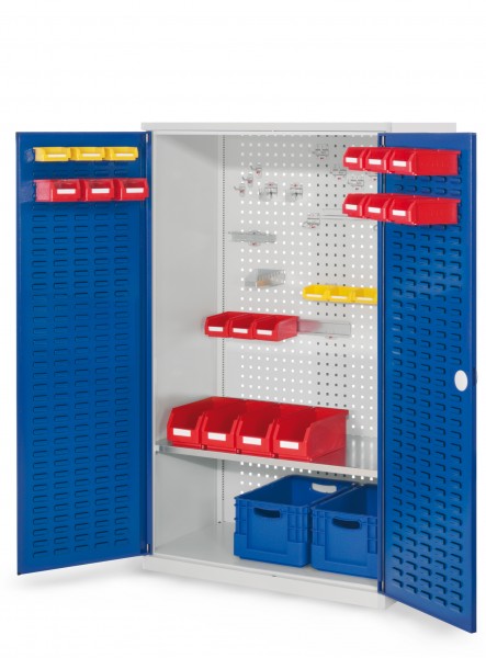 RasterPlan Werkzeugschrank Mod 3 500, H1600 x B1000 x T500 mm, RAL 7035/5010. Türinnenseite: RasterPlan Schlitzplatten-, 1 Fachboden.