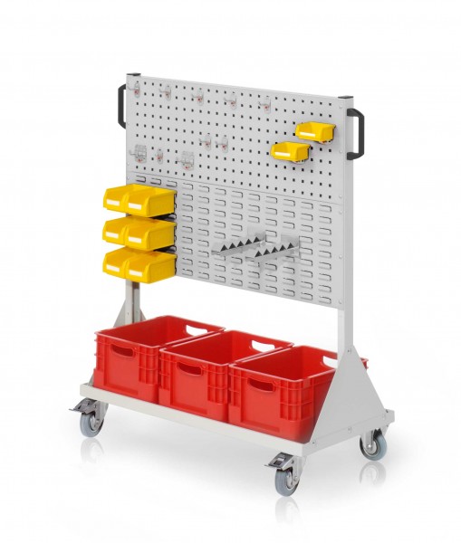 RasterMobil Gr 3 RAL 7035 H1230 x B1000 x T500 mm. 1 x Werkzeughaltersortiment 10-teilig 2 x Lagersichtkastenhalter 2 x Wellenträger 6 x Lagersichtkästen Größe 7 2 x Lagersichtkästen Größe 8 3 x Transportbehälter 400 x 300 x H 220 mm.