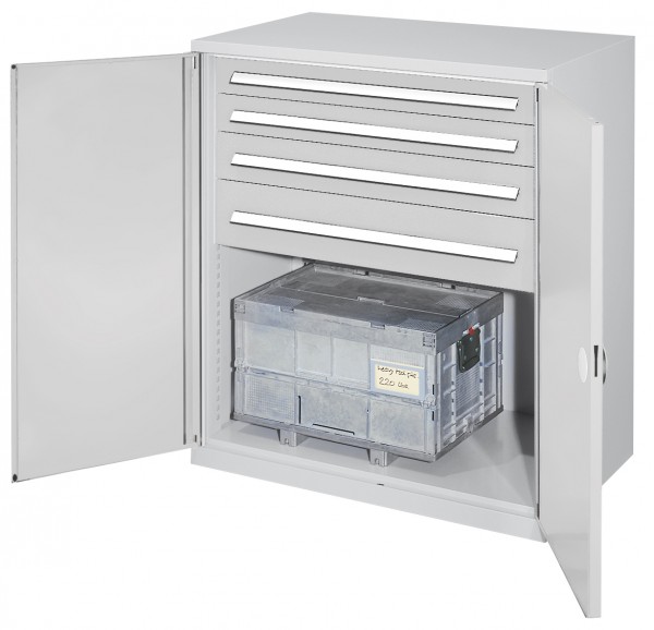 Schwerlast-Beistellschrank Modell 62 1110 x 1000 x 600 mm RAL 7035. Doppelwandtür 2 Schubladen H 100 mm 1 Schubladen H 125 mm 1 Schubladen H175 mm.