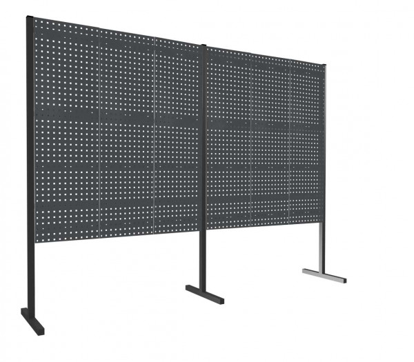 ®RasterPlan Trennwand Doppelfeld 180° L1500 / 1500 mm H1500 mm RAL 7016. Mit 6 ®RasterPlan Lochplatten.