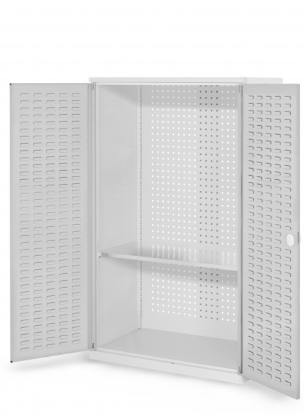 RasterPlan Werkzeugschrank Mod 3 500, H1600 x B1000 x T500 mm, RAL 7035. Türinnenseite: RasterPlan Schlitzplatten-, 1 Fachboden.