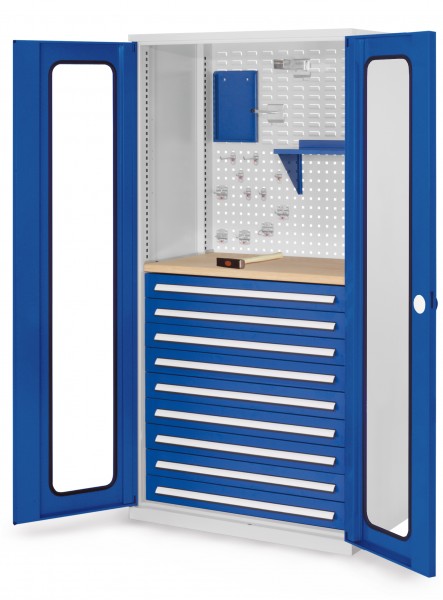 ®RasterPlan Schubladenschrank Modell 37 RAL 7035/5010. Sichtfenstertüren 1950 x 1000 x 600 mm 9 Schubladen H 100 mm 1 Werkbankplatte Multiplex.