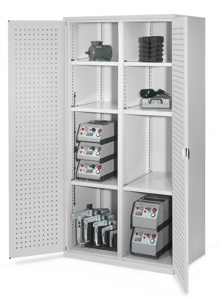 Schwerlastschrank mit Mitteltrennwand 1950 x 1000 x 600 mm Mod 51 RAL 7035. Türinnenseite: ®RasterPlan Lochplatten 3 Fachboden links verzinkt. 3 Fachboden rechts verzinkt.