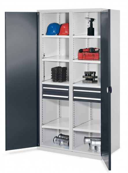 Schwerlastschrank mit Mitteltrennwand 1950 x 1000 x 600 mm Mod 56 RAL 7035/7016. Doppelwandtüren 2 Schubladen H 100 mm 4 Fachböden links verzinkt 4 Fachböden rechts verzinkt.