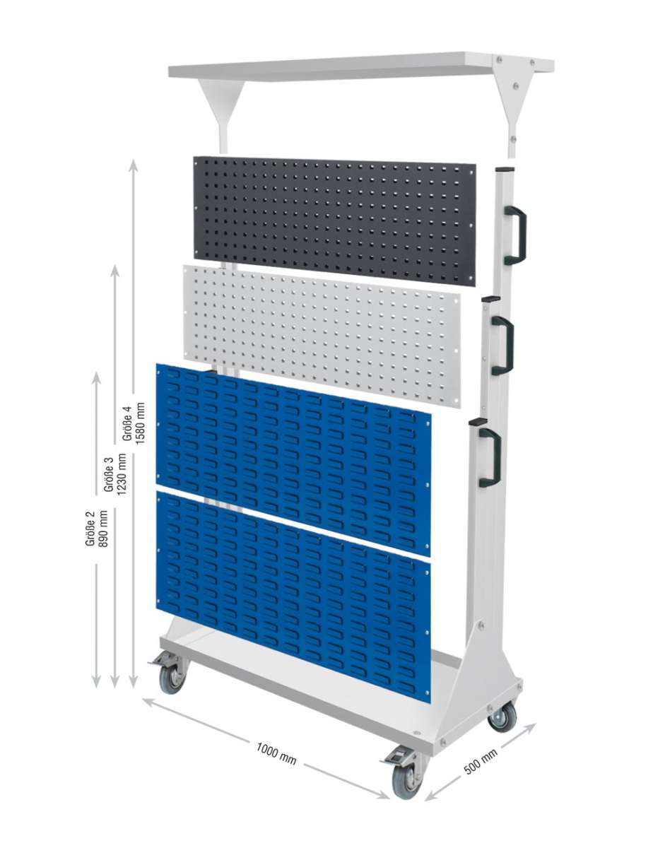 RasterMobil Gr. 3 RAL 7035/5010 H 1270 x B 1000 x T 500 mm. 1 x Auflageboden aus Stahlblech inkl. Riffelgummimatte 1 x Werkzeughaltersort. 15-teilig 2 x Einhängeschränke.