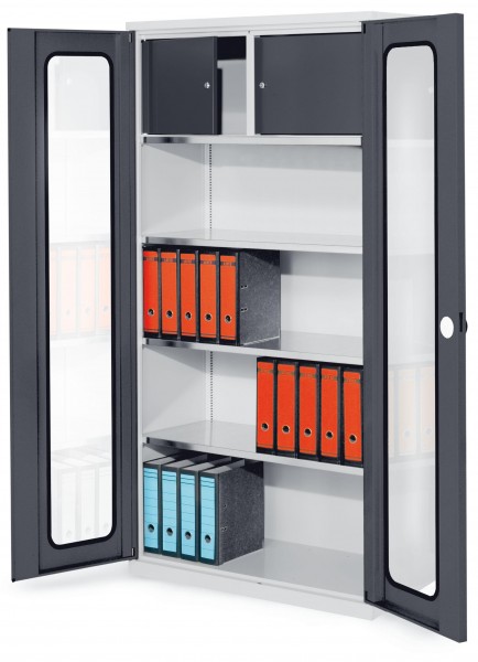Systemschrank Serie 500 Privatfach H 1950 x B 1000 x T 500 mm RAL 7035/7016. Sichtfenstertüren 3 Fachböden.