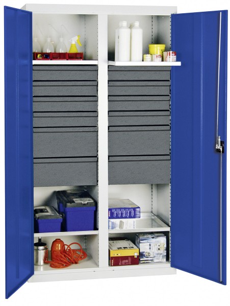 Werkzeug- und Materialschrank Serie 3000, 7035/5010, 8 Schublade 100 mm, 4 Schublade 200 mm, Mitteltrennwand, 4 Wannenböden