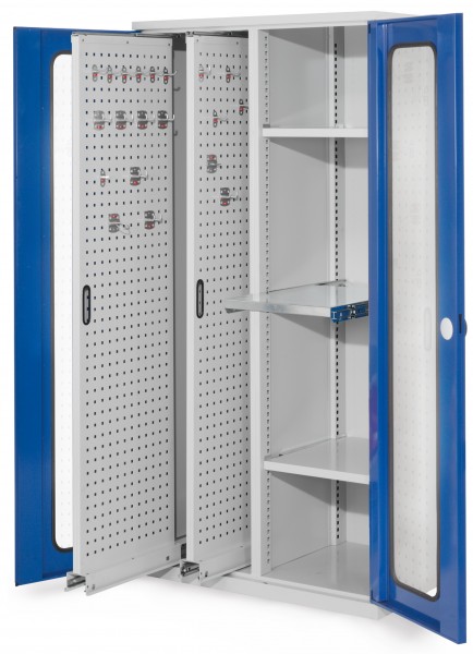 ®RasterPlan Vertikalschrank Modell 84 1950 x 1000 x 600 mm RAL 7035/5010. Sichtfenstertür. 2 Auszüge Lochplatten 2 Böden 1 Auszugsboden.