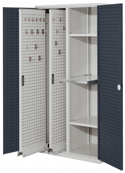 ®RasterPlan Vertikalschrank Modell 84 1950 x 1000 x 600 mm RAL 7035/7016. Türinnenseite: ®RasterPlan Lochplatten 2 Auszüge Lochplatten 2 Böden 1 Auszugsboden.
