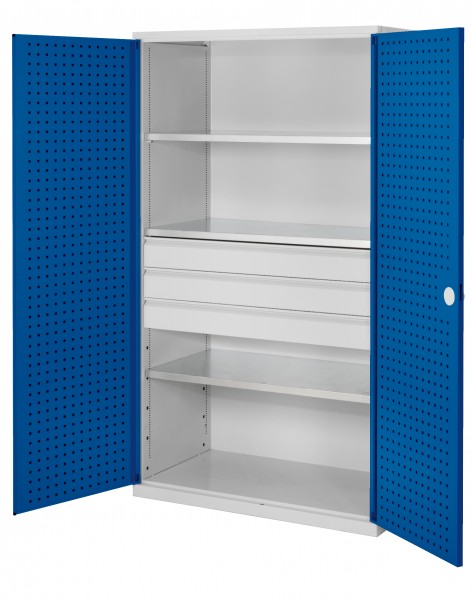 ®RasterPlan Großvolumenschrank 1950 x 1130 x 590 mm RAL 7035/5010. Türinnenseite: ®RasterPlan Lochplatten 3 Böden 3 Schubladen.