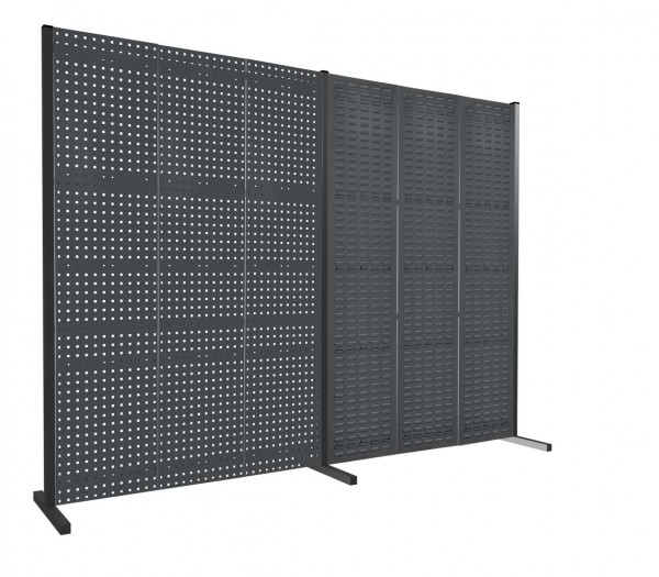 ®RasterPlan Trennwand Doppelfeld 180° 1500 / 1500 mm H2000 mm RAL 7016. Mit 3 ®RasterPlan Lochplatten 3 ®RasterPlan Schlitzplatten.