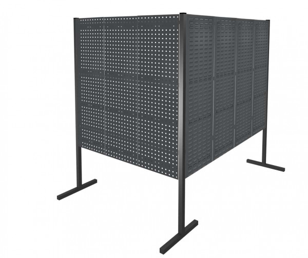 ®RasterPlan Trennwand Doppelfeld 90° 1500 / 2000 mm H1500 mm RAL 7016. Mit 4 ®RasterPlan Lochplatten 3 ®RasterPlan Schlitzplatten.