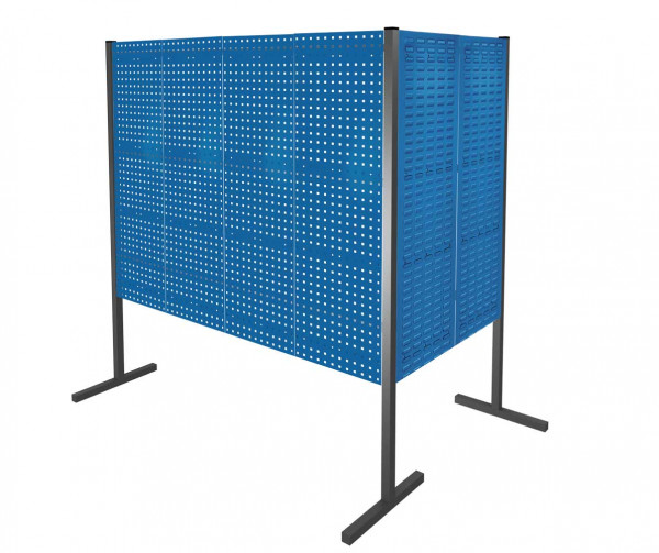 ®RasterPlan Trennwand Doppelfeld 90° 1000 / 2000 mm H1500 mm RAL 5010. Mit 3 ®RasterPlan Lochplatten 3 ®RasterPlan Schlitzplatten.