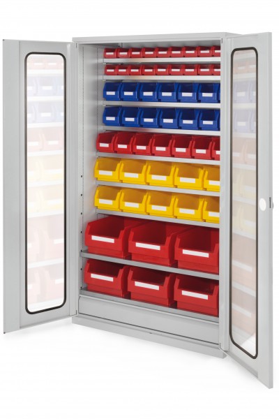 Großraumschrank Modell 23 RAL 7035 1950 x 1130 x 590 mm. Sichtfenstertüren 1 Schubladen unten inklusiv Lagersichtkasten 6 x Größe 2 10 x Größe 4 7 x Größe 5 14 x Größe 6 20 x Größe 7.
