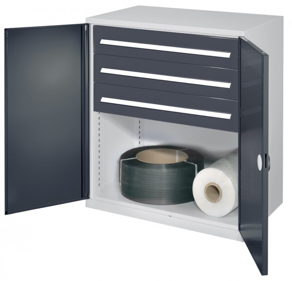 Schwerlast-Beistellschrank Modell 67 1110 x 1000 x 600 mm RAL 7035/7016. Doppelwandtüren 3 Schublade H 175 mm.