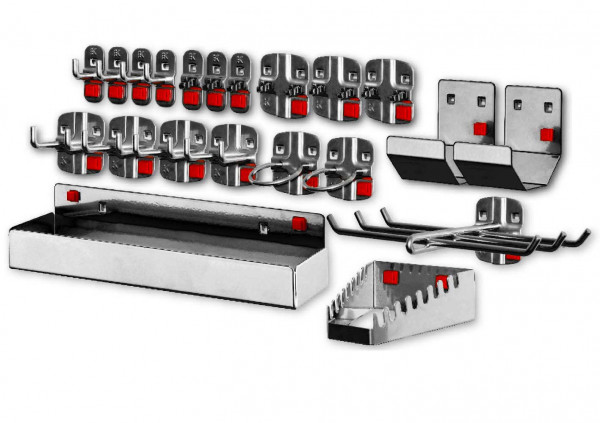 ®ABAX Werkzeughalter-Sortiment 21-teilig anthrazitgrau. 4 Werkzeughalter mit senkr. Ende 4 Doppelter Werkzeughalter 3 Werkzeugklemmen 3 Doppelte Werkzeugklemmen 2 Maschinenhalter 1 Werkzeughalter 6-fach 2 Rohrhalter 1 Schraubenschlüsselhalter